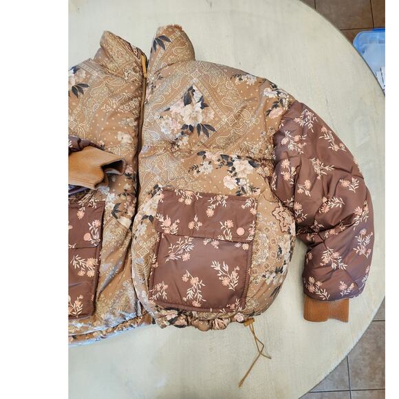 American Eagle Reversible Puffer Jacket Brown Teddy Sherpa Floral - Picture 10 of 12